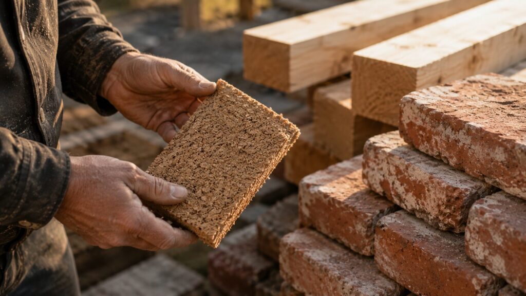 Close-up van iemand die M-peil vriendelijke materialen toont